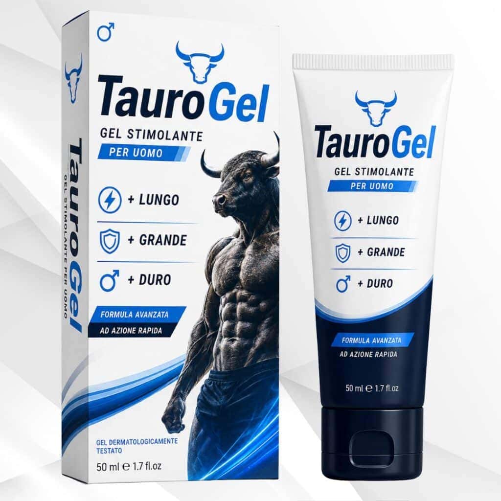 TauroGel gel stimolante per uomo con confezione e tubo.